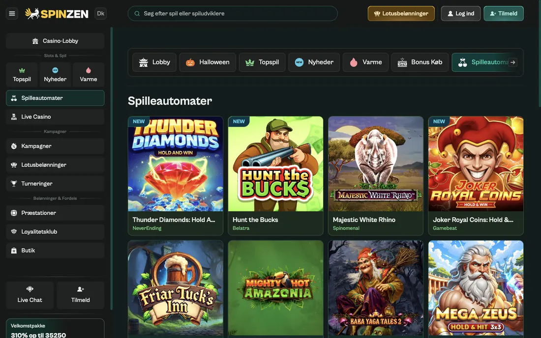 Spinzens danske slotskategori med sidemenu, kategorichips og spilbrikker med navn og studie