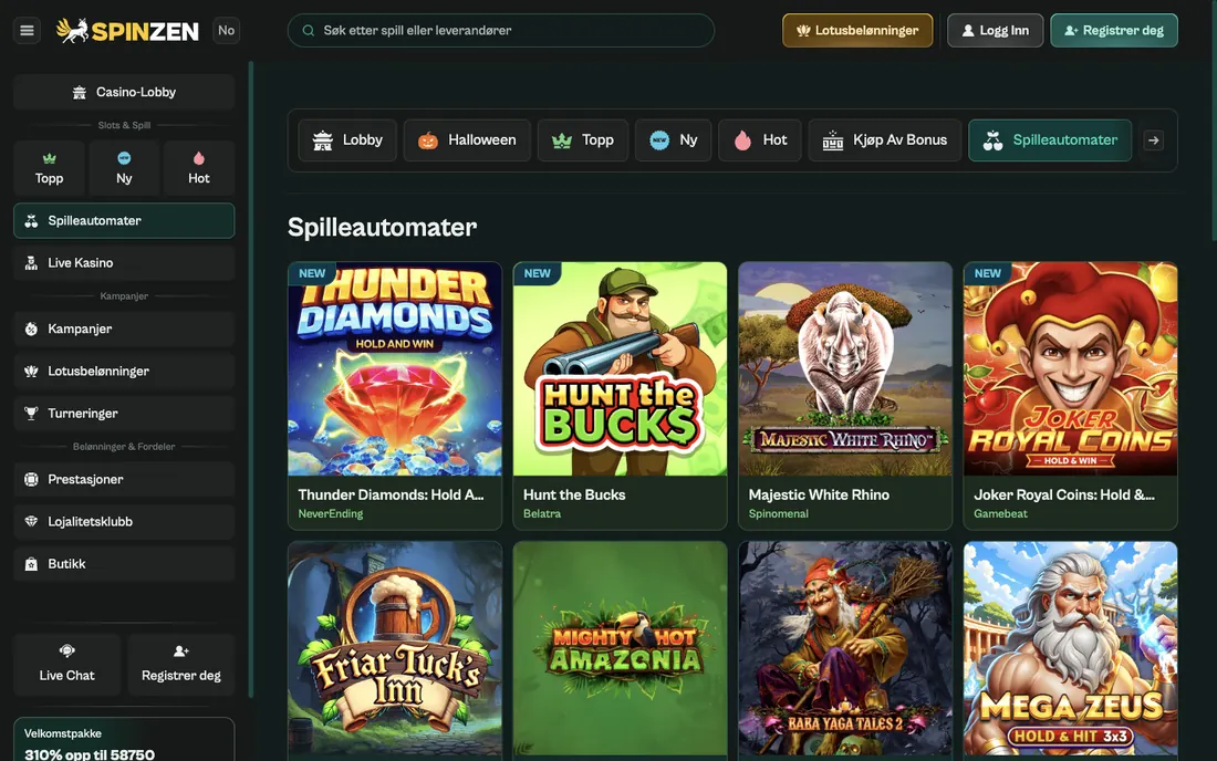 Spinzens norske spilleautomatkategori med sidemeny, kategorichips og spillruter med navn og studio