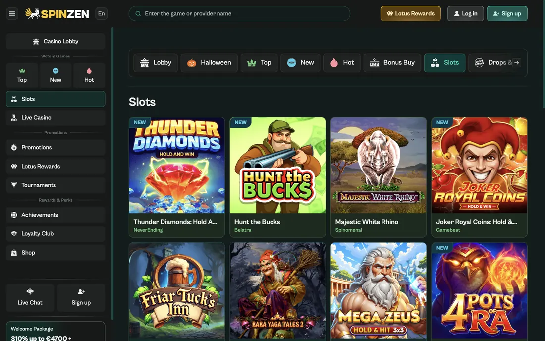 Spinzens engelska slotskategori med sidomeny, kategorichips och speltiles med namn och studio